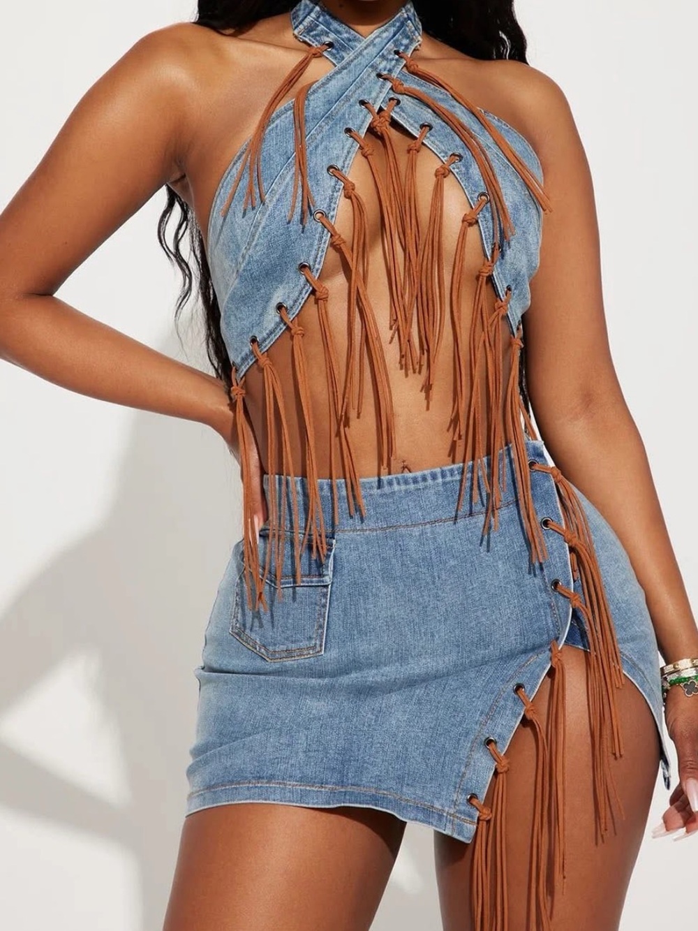 Fashion Nova Blue Denim Fringe Halter Crop Top